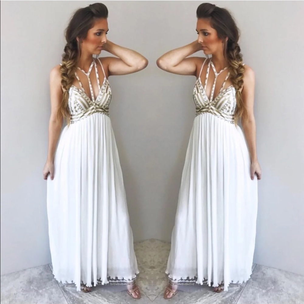 Just Call Me Goddess Strappy Maxi Dress White and Gold